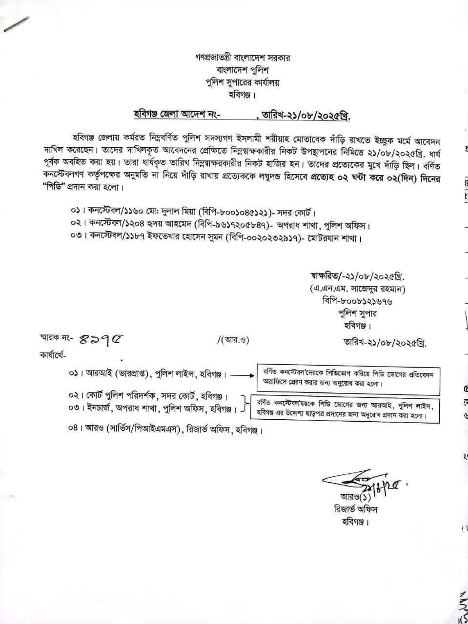 দাড়ি রাখায় হবিগঞ্জে তিন পুলিশ সদস্যকে শোকজ নোটিশ